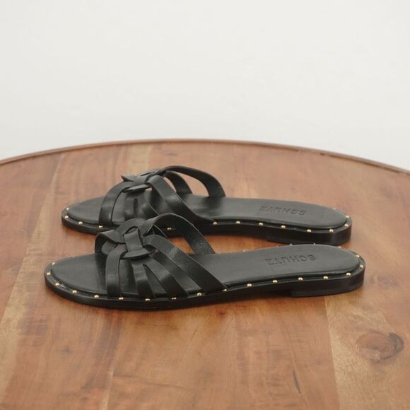 Schutz Womens Phoenix Flats Slide On Sandals Black Leather Gold Studs Size 7.5B - Picture 5 of 11